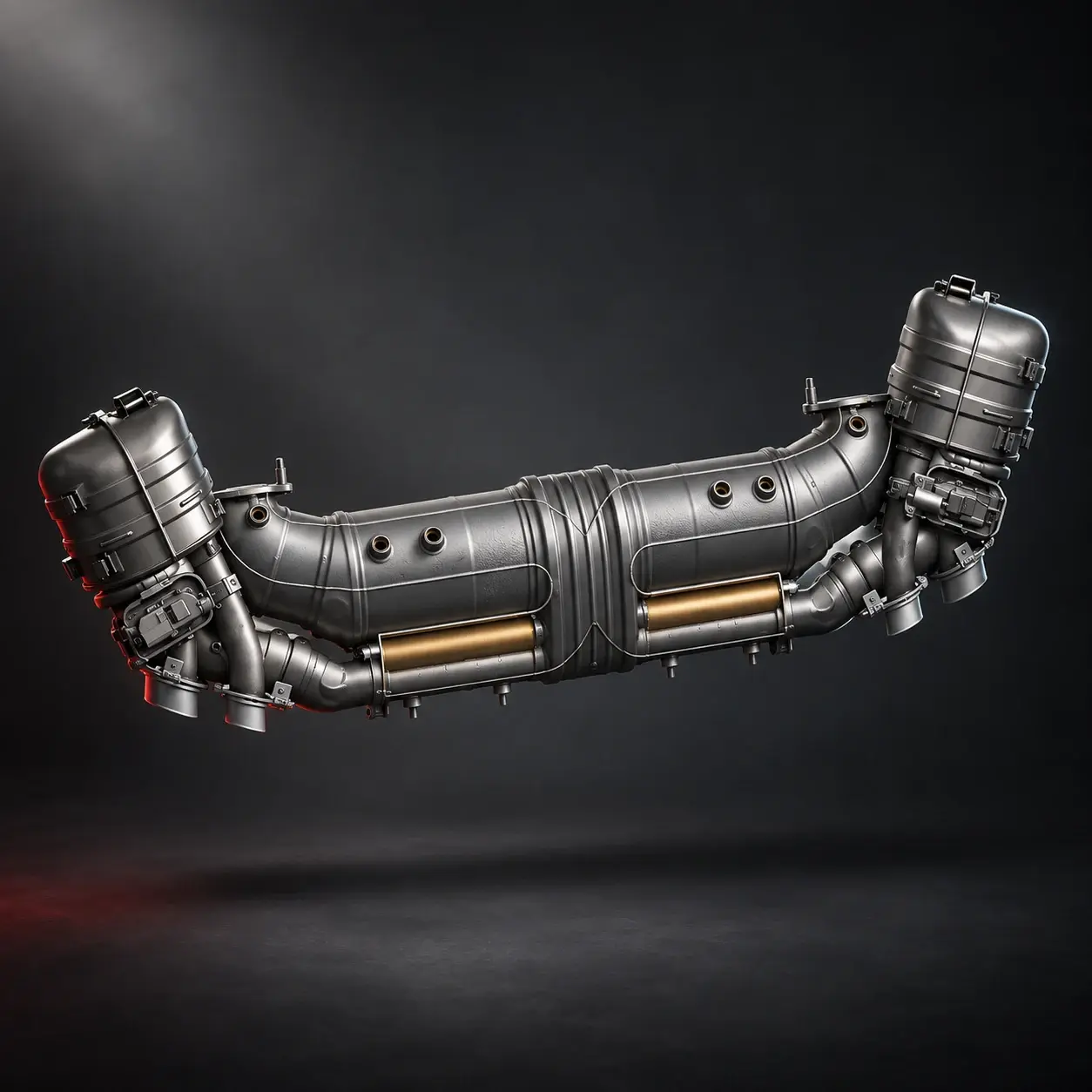 Studio render of the exhaust design with metallic highlights against a charcoal background